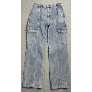 Women’s Kittenish Wide Leg Cargo Jeans Light Wash Blue Size 28 High Rise